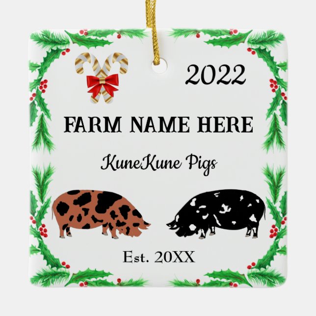 Personalized KuneKune Pig Farm Christmas #2 Ceramic Ornament (Front)