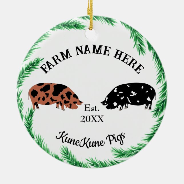 Personalized KuneKune Pig Farm Pine Wreath #2 Ceramic Ornament (Back)