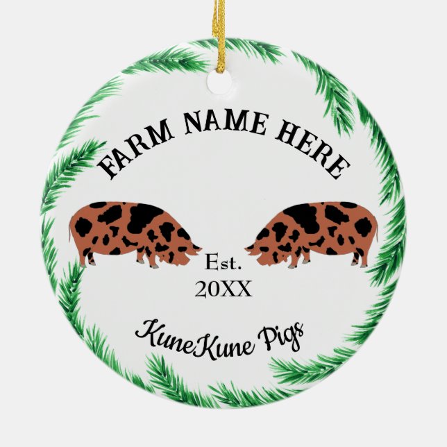 Personalized KuneKune Pig Farm Pine Wreath Ceramic Ornament (Back)