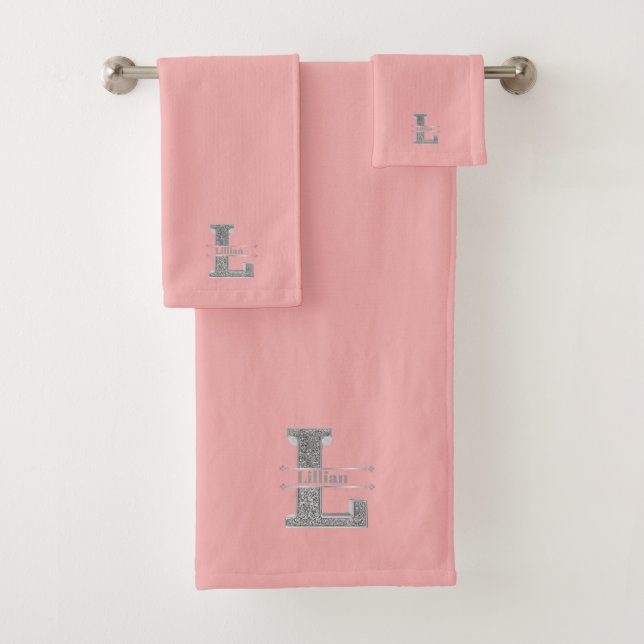 Personalized L Initial Silver Monogram Your Name Bath Towel Set (Insitu)
