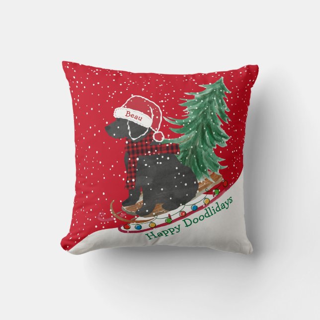 Personalized Labradoodle Christmas Snow Sled Throw Pillow (Front)
