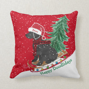 Personalized Labradoodle Christmas Snow Sled Throw Pillow