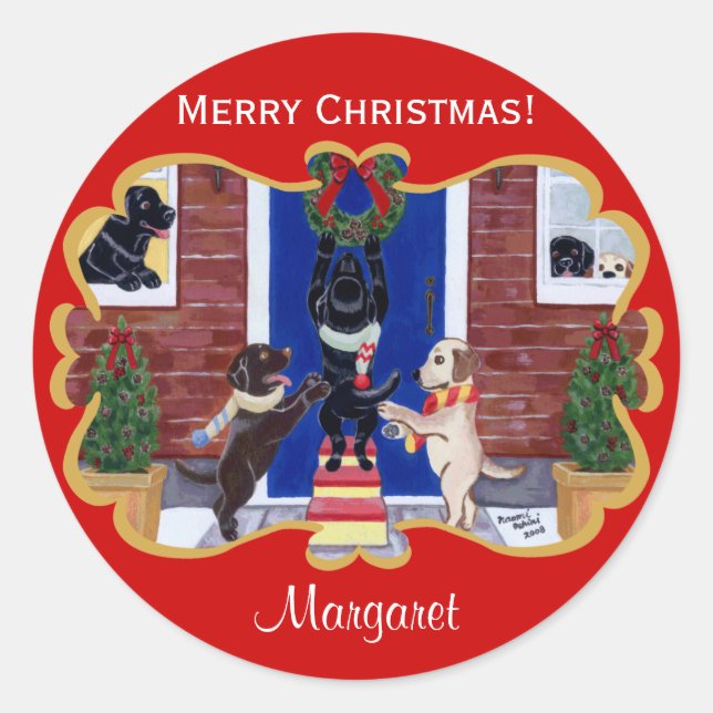 Personalized Labrador Retriever Christmas Fun Classic Round Sticker (Front)