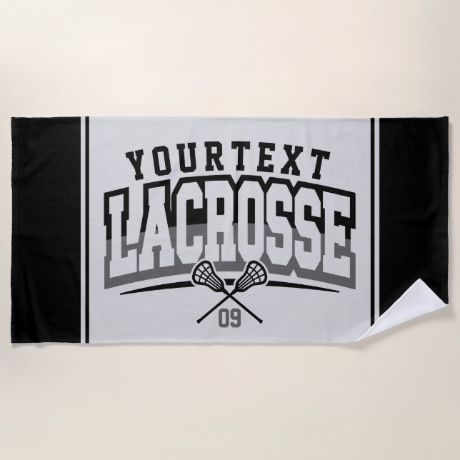 Personalized Lacrosse Player ADD NAME Team Number Beach Towel (Front)