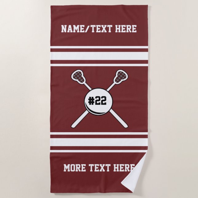 Personalized Lacrosse Player Name Jersey Number Beach Towel (Front)