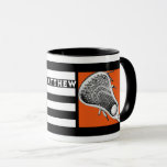 Personalized Lacrosse Sports Mug<br><div class="desc">Unique lacrosse cup design, featuring lax stick art on an orange background with black and white stripes. Edit text to add the name of your favourite lacrosse player, coach or team sports fan.</div>