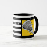Personalized Lacrosse Sports Mug<br><div class="desc">Unique lacrosse cup featuring lax stick art on a yellow background with black and white stripes. To personalize edit text to add the name of your favourite lacrosse player, coach or team sports fan.</div>