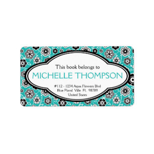 Personalized Ladies Doodle Flowers Bookplate Aqua Label