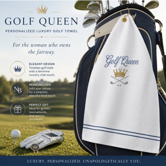 Personalized Ladies Golf Towel | Golf Queen Gift (Luxury personalized golf towel with elegant country club styling for stylish women golfers.)