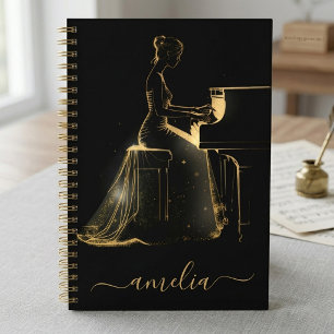 Personalized Lady Grand Piano Artistic Black Gold  Notebook