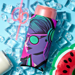 Personalized Lady in Headphones Teal and Pink Seltzer Can Cooler