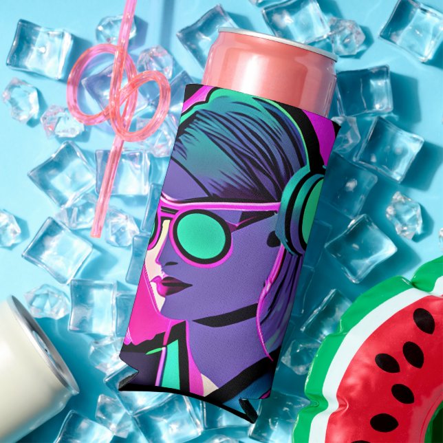 Personalized Lady in Headphones Teal and Pink Seltzer Can Cooler (In Situ Summer)