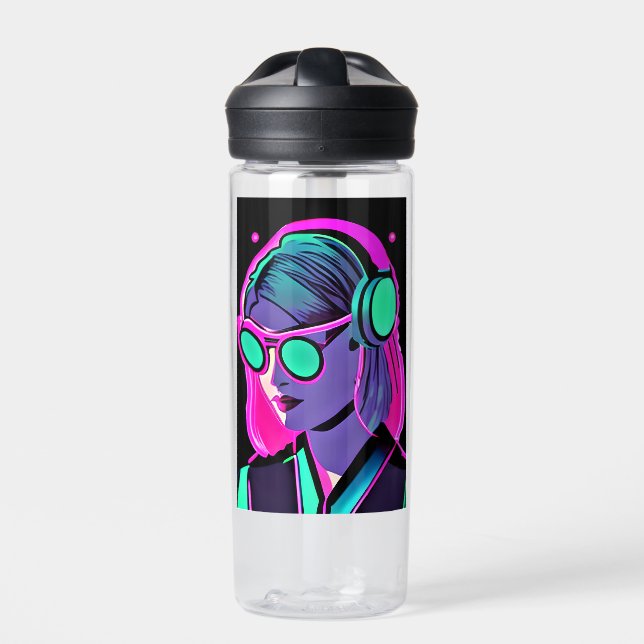 Personalized Lady in Headphones Teal and Pink Water Bottle (Front)