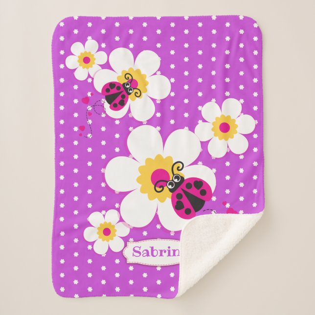 Personalized ladybugs ladybirds pink purple sherpa blanket (Front)