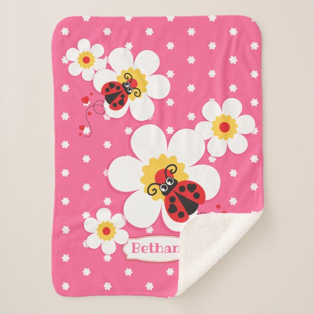 Personalized ladybugs ladybirds pink white sherpa blanket (Front)