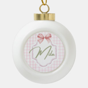 Personalized Lainey Baby Girl Nursery Bow&Gingham Ceramic Ball Christmas Ornament