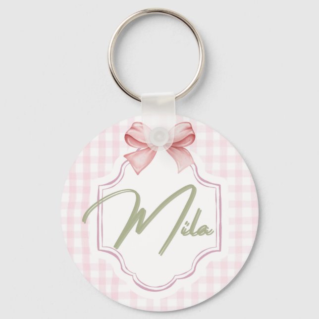 Personalized Lainey Baby Girl Nursery Bow&Gingham  Keychain (Front)