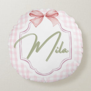 Personalized Lainey Baby Girl Nursery Bow&Gingham  Round Pillow