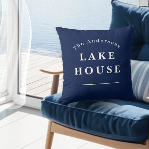 Personalized Lake House Navy Blue Family Name Throw Pillow