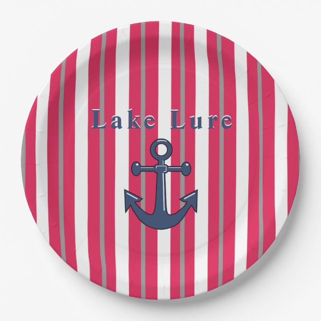 Personalized Lake or Beach Red White Round Paper Plate (Front)