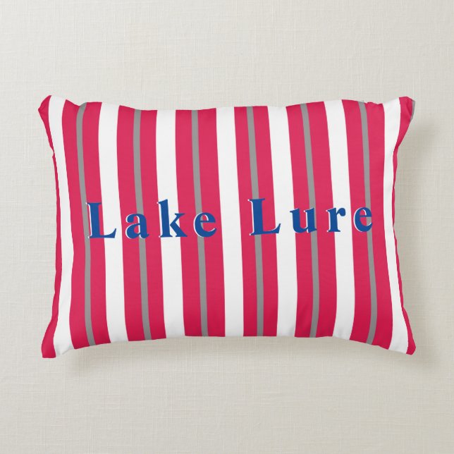 Personalized Lake or Beach Red White Striped  Accent Pillow (Front)