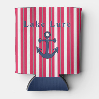 Personalized Lake or Beach Red White Striped   Can Cooler