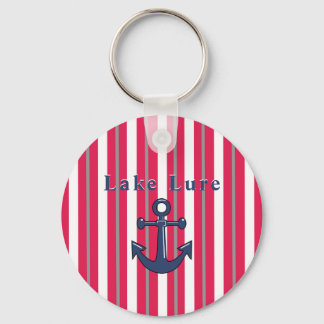 Personalized Lake or Beach Red White Striped  Keychain