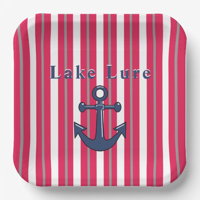 Personalized Lake or Beach Red White Striped Paper Plate (Front)