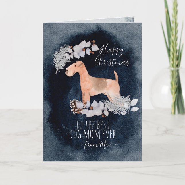 Personalized Lakeland Terrier Watercolor Christmas Holiday Card (Front)