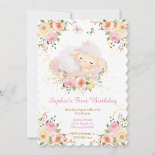 Personalized Lamb Girl 1st Birthday Invitation