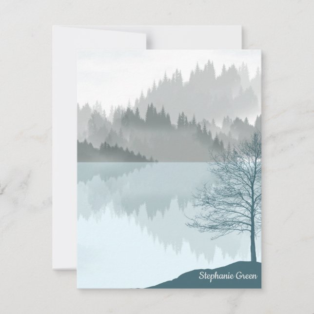Personalized Landscape Reflection Lake Trees Green RSVP Card (Front)