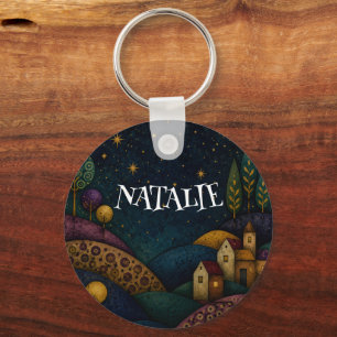 PERSONALIZED LANTERN GIRL UNDER BLUE STARRY SKY KEYCHAIN