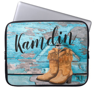 Personalized Laptop Case Blue Wood Barn Door Boots