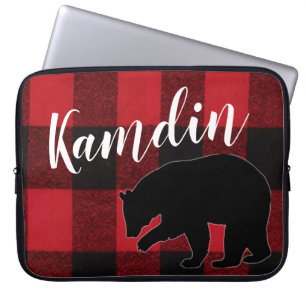 Personalized Laptop Case Red Buffalo Plaid Bear