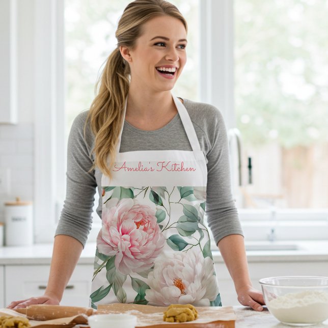 Personalized Large Floral Pattern Pink White Green Apron (Creator Uploaded)
