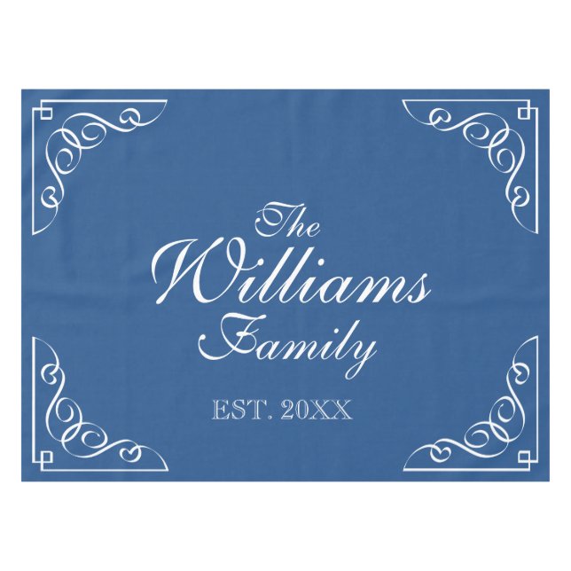 Personalized last name blue and white table cloth (Front (Horizontal))