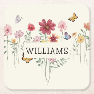 Personalized Last Name Floral Square Paper Coaster