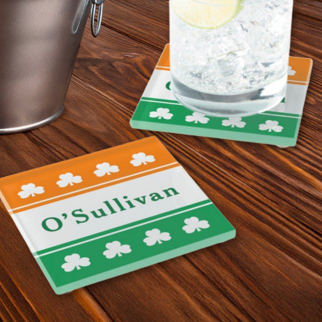 Personalized Last Name Ireland Flag Colours Glass Coaster (Creator Uploaded)