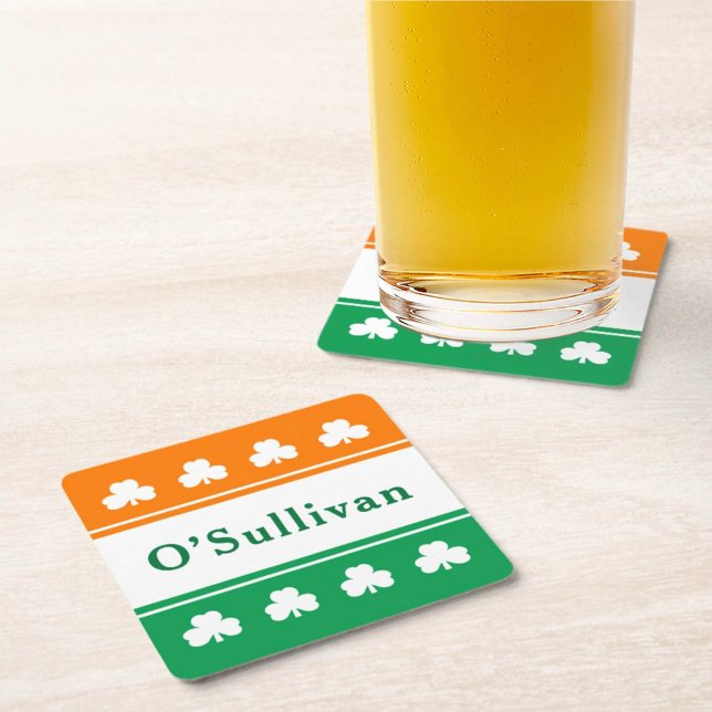 Personalized Last Name Ireland Flag Colours Square Paper Coaster (Creator Uploaded)
