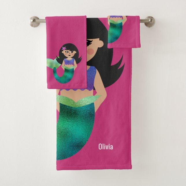 Personalized Latina Faux Foil Black Hair Mermaid Bath Towel Set (Insitu)