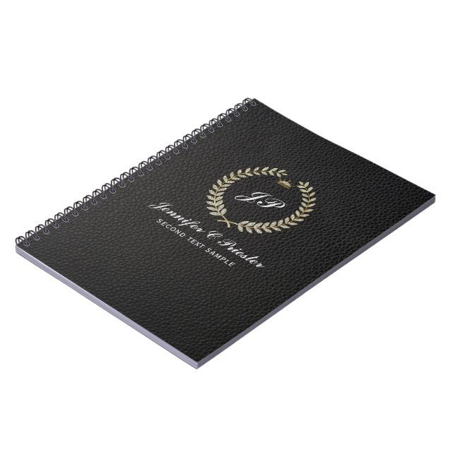 Personalized Laurel wreath black leather Notebook (Left Side)