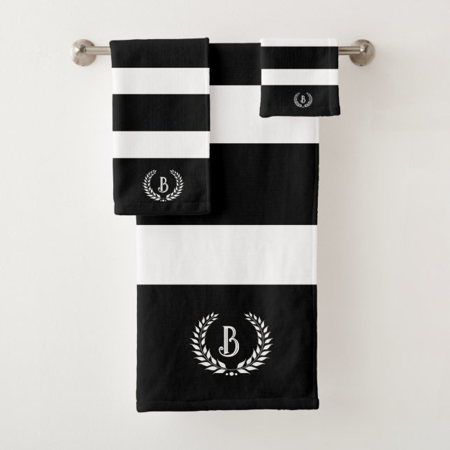 Personalized Laurel Wreath Black & White Stripes Bath Towel Set (Insitu)