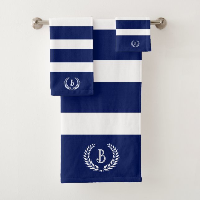 Personalized Laurel Wreath Blue & White Stripes Bath Towel Set (Insitu)