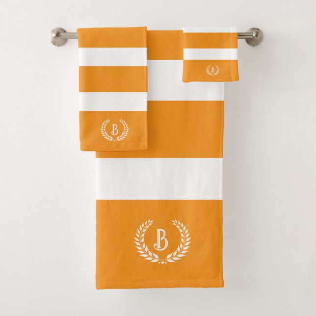Personalized Laurel Wreath Orange & White Stripes Bath Towel Set (Insitu)