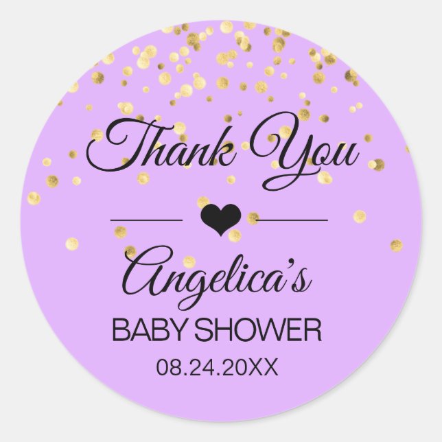 Personalized Lavender and Gold Baby Shower Labels (Front)