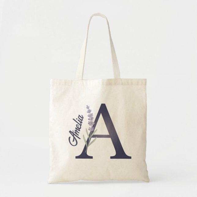 Personalized Lavender Floral A Monogram Tote Bag (Front)