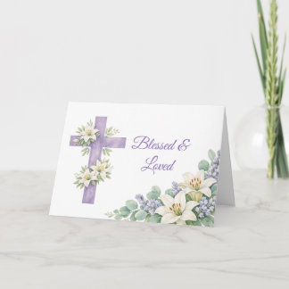 Personalized Lavender Floral Cross Blessed & Loved Card