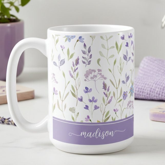 Personalized Lavender Floral Mug (watercolor cottagecore lavender floral mug with custom name monogram, personalized gift for her)