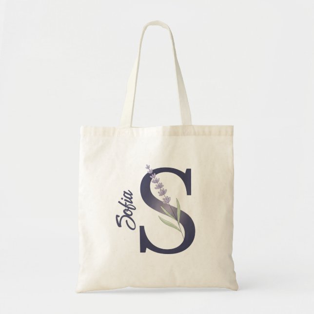Personalized Lavender Floral S Monogram Tote Bag (Front)