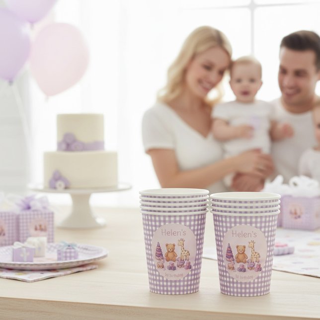 Personalized Lavender Gingham 1st Birthday  Paper Cups (Creator Uploaded)